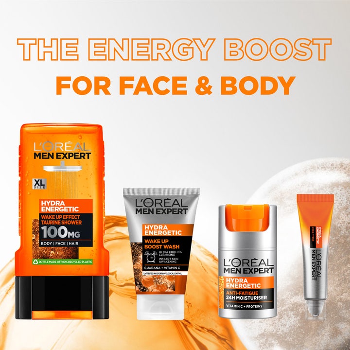L'Oréal Paris Men Expert Hydra Energetic virkistävä ihonhoitosetti kasvoille ja vartalolle oransseissa pakkauksissa.