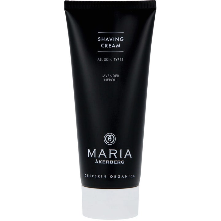 Maria Åkerberg Shaving Cream 100 ml parranajovoide rauhoittaa ihoa laventelilla mustassa tuubissa valkoisella korkilla.