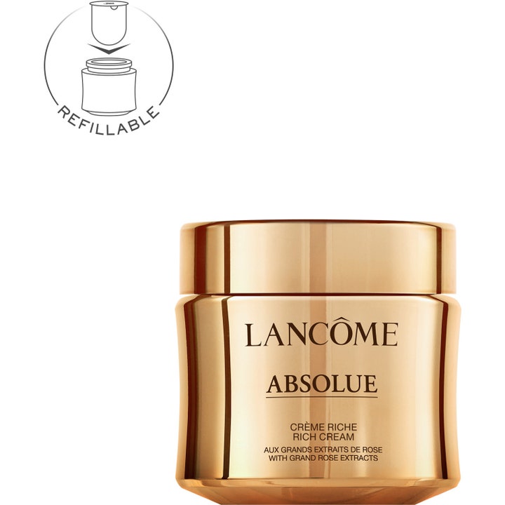 Lancôme Absolue Crème Riche 60ml uudistava kasvovoide ruusu-uutteella kultaisessa täytettävässä purkissa.