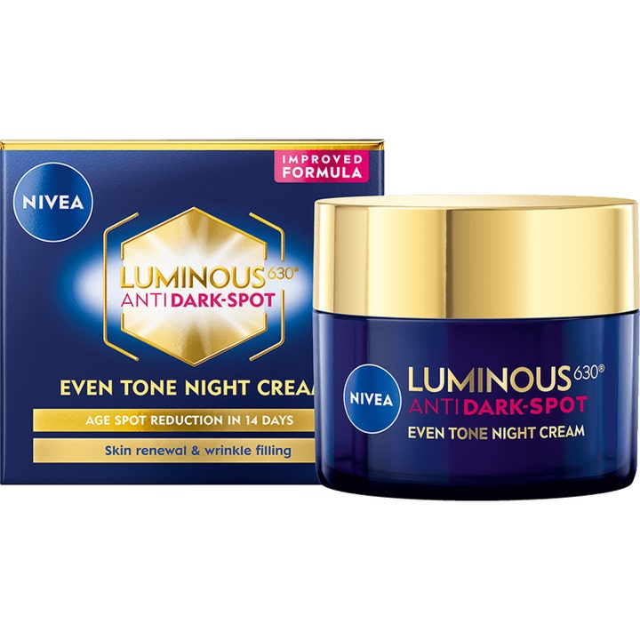 Nivea Luminous 630 Anti Dark-Spot Night Cream pigmenttiläiskiä vaalentava yövoide sinisessä kultakantisessa purkissa.