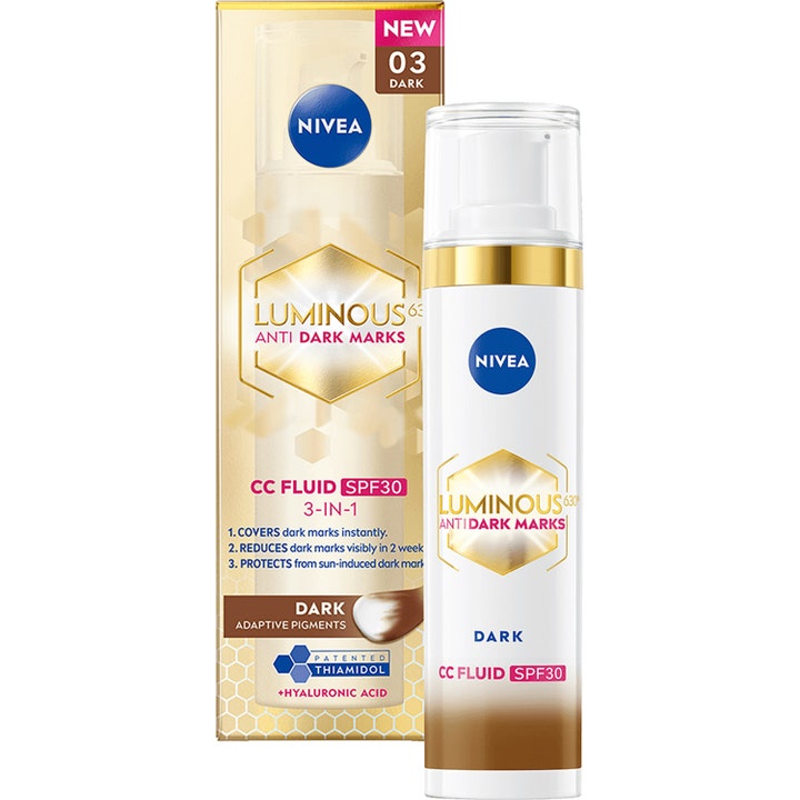 Nivea Luminous 630 Anti Dark Marks CC Fluid SPF30 pigmenttiläiskiä häivyttävä voide valkoisessa pullossa sävy 03 Dark.