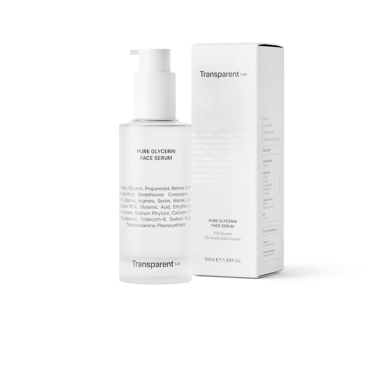 Niche Beauty Lab Transparent Lab Pure Glycerin Face Serum 50 ml kosteuttava seerumi valkoisessa pumppupullossa ja rasiassa.