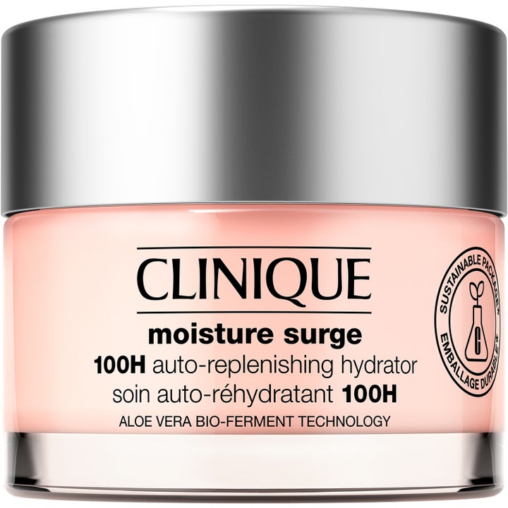 Clinique Moisture Surge 100H kosteusvoide syväkosteuttaa ihoa vaaleanpunaisessa purkissa hopeisella korkilla.