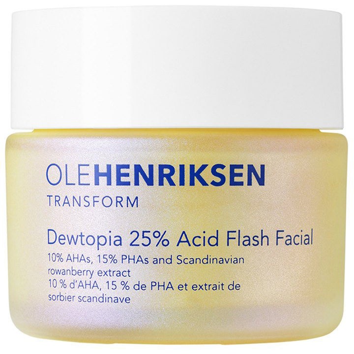 Ole Henriksen Dewtopia 25% Acid Flash Facial kirkastava kasvonaamio huurteisessa lasipurkissa valkoisella kannella.