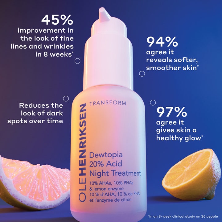 Ole Henriksen Dewtopia 20% Acid Night Treatment 30 ml heleyttävä yöseerumi pumppupullossa sitruunaviipaleiden kera.