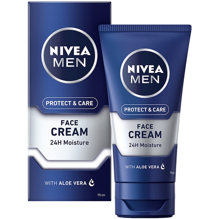 Nivea Men Protect & Care 75 ml kosteuttava kasvovoide sinisessä tuubissa ja pakkauksessa jossa on Aloe Veraa.