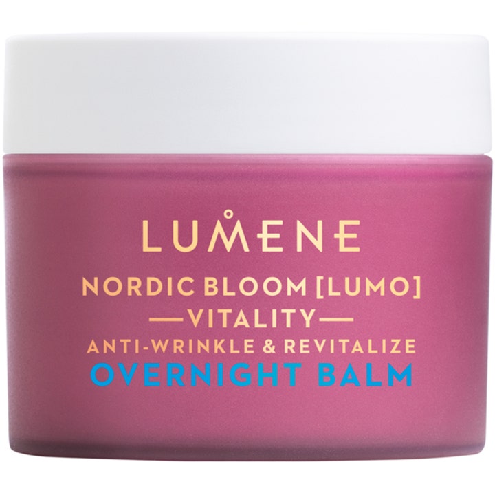 Lumene Nordic Bloom Lumo Vitality Overnight Balm elvyttävä yövoide mattapintaisessa liilassa purkissa valkoisella korkilla.