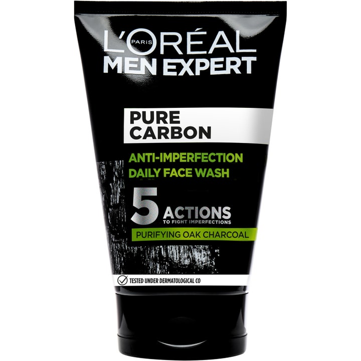 L'Oréal Men Expert Pure Carbon Anti-Imperfection Daily Face Wash puhdistusgeeli hiilellä mustassa tyylikkäässä tuubissa.