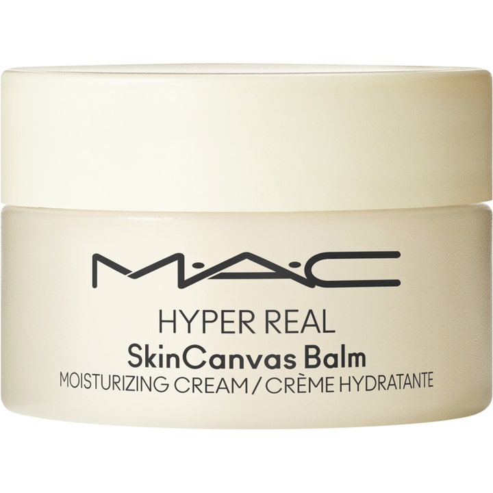 MAC Hyper Real SkinCanvas Balm kosteuttava kasvovoide vaaleassa mattapintaisessa purkissa mustalla tekstillä.