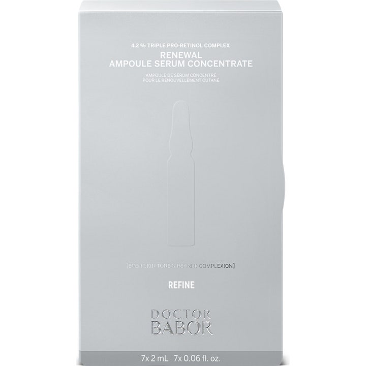 Babor DOC Renewal Ampoule Serum 14 ml uudistava seerumi harmaassa pakkauksessa seitsemän valkoista retinol-ampullia
