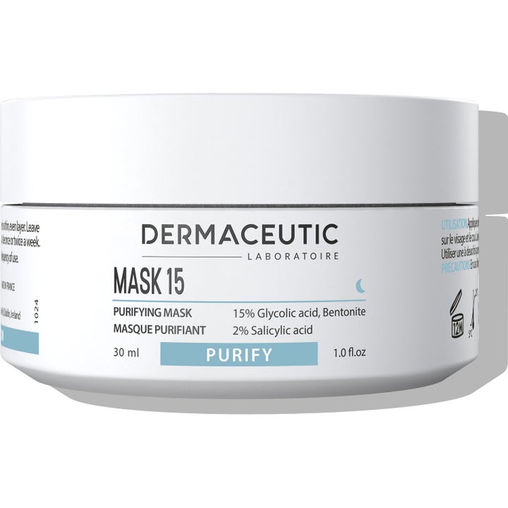 Dermaceutic Mask 15 30 ml syväpuhdistava kasvonaamio sisältää glykolihappoa ja on pakattu valkoiseen purkkiin.