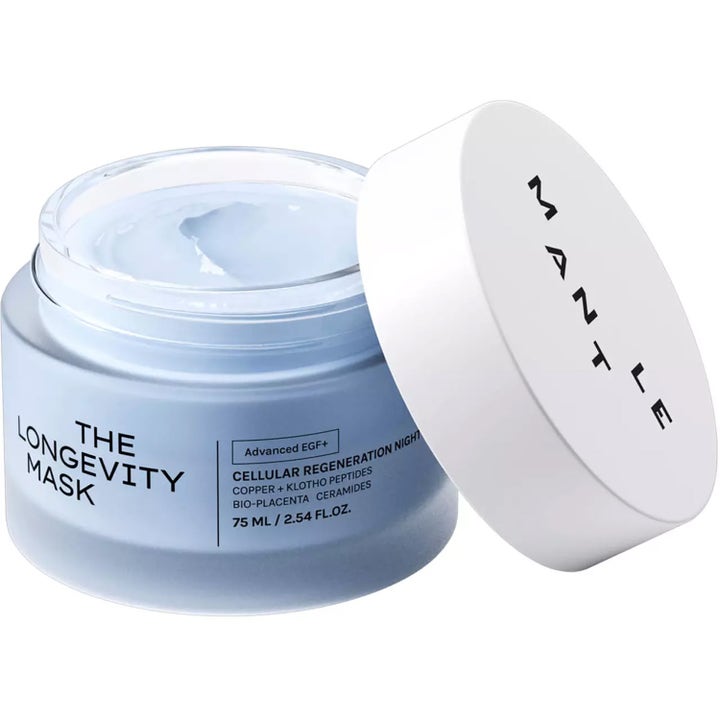 MANTLE The Longevity Mask 75 ml uudistava yönaamio vaaleansinisessä lasipurkissa valkoisella kannella