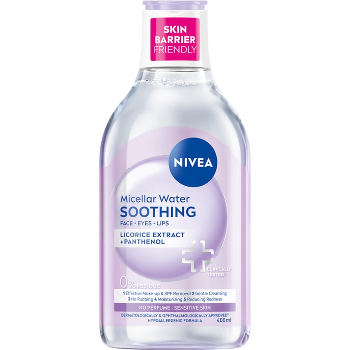 Nivea Micellar Water Soothing 400 ml rauhoittava misellivesi herkälle iholle kirkkaassa pullossa lilalla etiketillä.