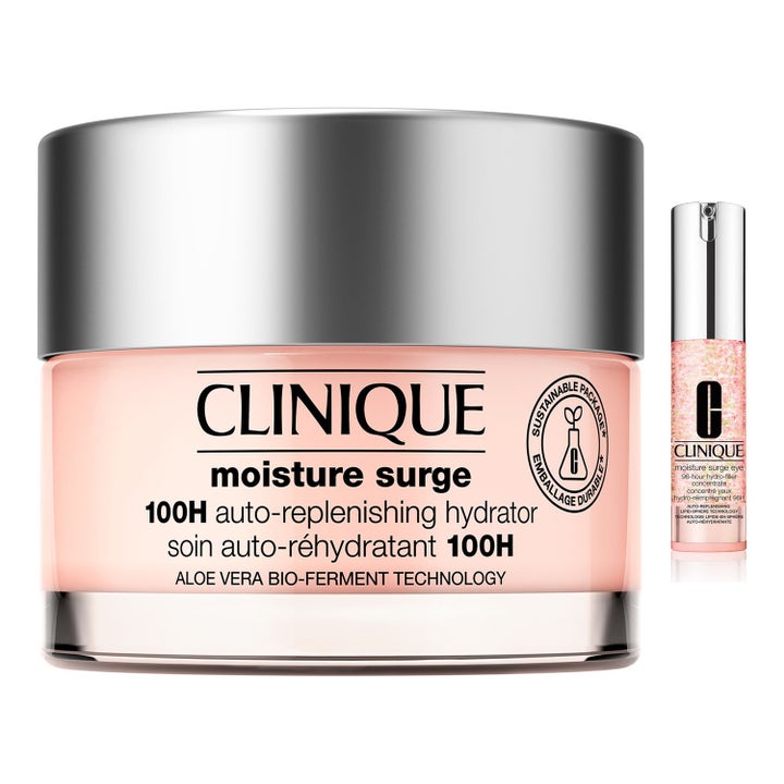 Clinique Moisture Surge 100H kosteuttava vaaleanpunainen geelivoide lasipurkissa ja silmänympärysseerumi pumpulla