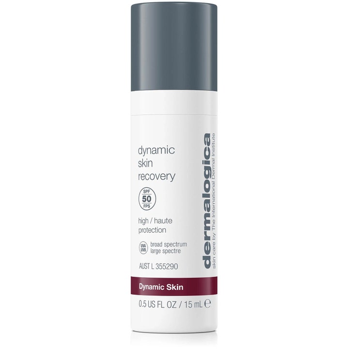Dermalogica Dynamic Skin Recovery SPF50 15 ml kosteuttava päivävoide valkoisessa pumppupullossa harmaalla korkilla.