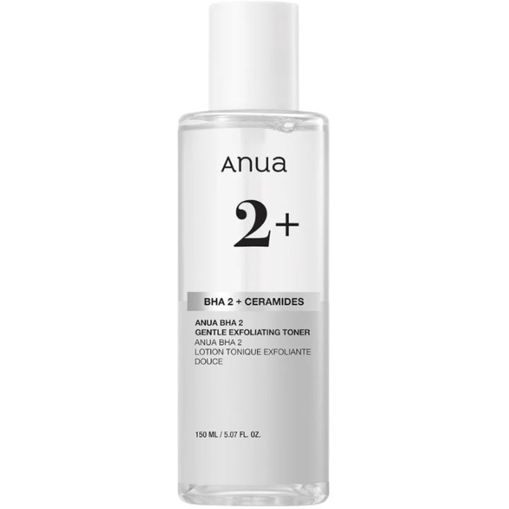 Anua BHA 2 + Ceramides Gentle Exfoliating Toner 150 ml kuoriva kasvovesi kirkkaassa pullossa valkoisella korkilla.