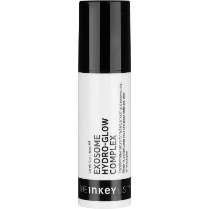 The Inkey List Exosome Hydro-Glow Complex 30 ml heleyttävä ja uudistava seerumi valkoisessa pullossa mustalla korkilla