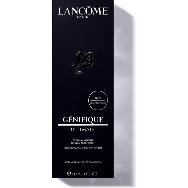 Lancôme Génifique Ultimate Serum 30 ml korjaava seerumi mustassa pakkauksessa hopeisilla yksityiskohdilla.