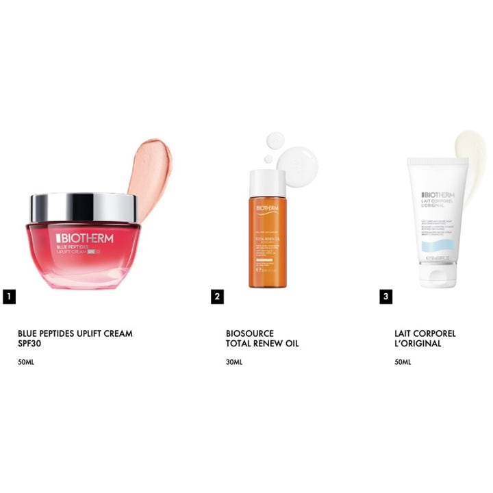 Biotherm Blue Peptides Uplift Cream SPF30 Holiday Set 1 kpl kiinteyttävä setti, jossa punainen voidepurkki ja kaksi tuotetta.