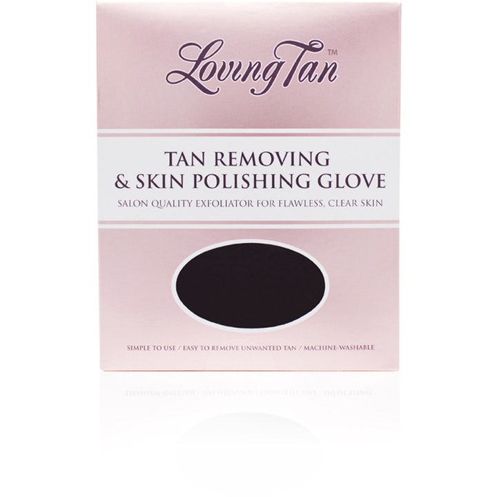 Loving Tan Tan Removing & Skin Polishing Glove 1 kpl kuorintakinnas vaaleanpunaisessa pakkauksessa mustalla ikkunalla