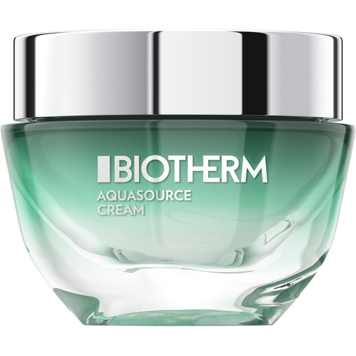 Biotherm Aquasource Cream kosteuttava kasvovoide vihreässä lasipurkissa jossa on tyylikäs hopeinen kansi