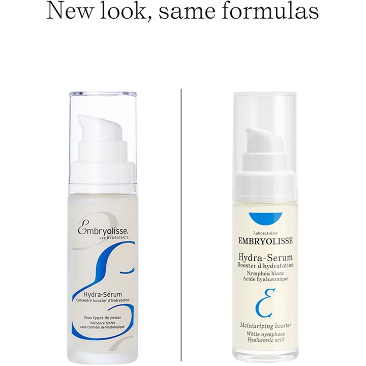 Embryolisse Hydra Serum 30 ml kosteuttava seerumi uusi ja vanha pakkaus rinnakkain pumppupulloissa.