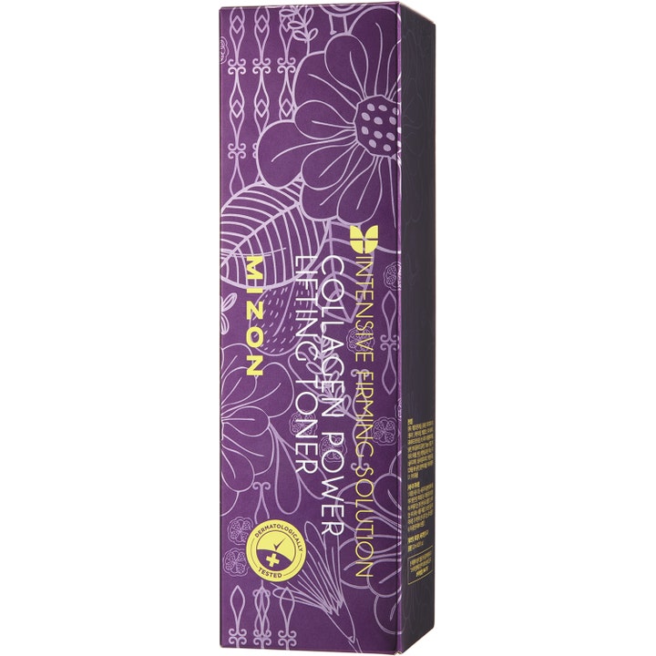 Mizon Collagen Power Lifting Toner 120 ml kiinteyttävä kasvovesi violetissa kukkakuvioisessa ulkopakkauksessa.