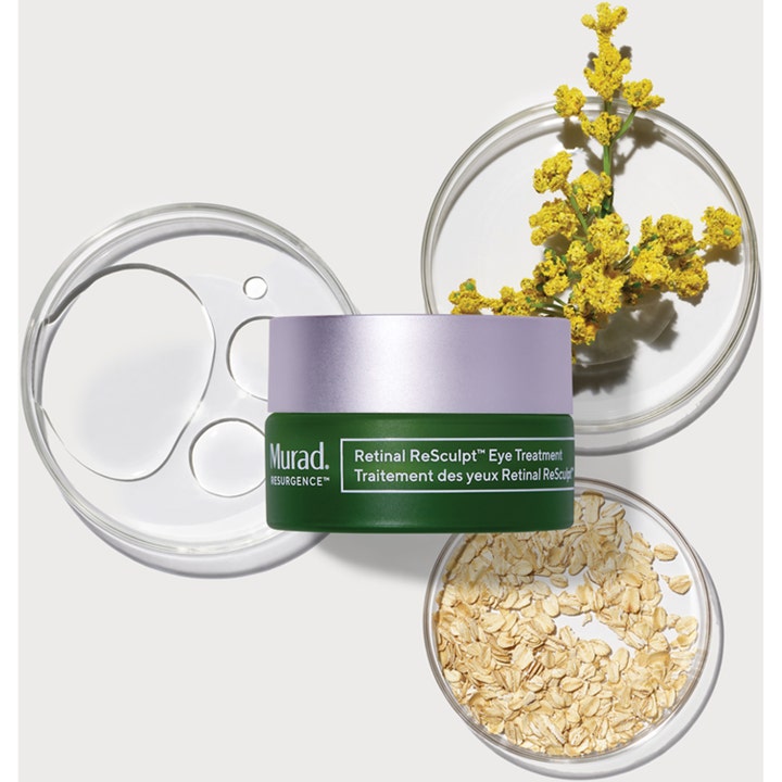 Murad Retinal ReSculpt Eye Lift Treatment 15 ml silmänympärysvoide vihreässä purkissa kauran ja kukkien kera.