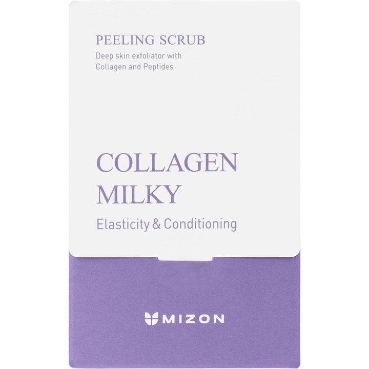 Mizon Collagen Milky Peeling Scrub 5 g kuorinta-aine valko-liilassa pussipakkauksessa.