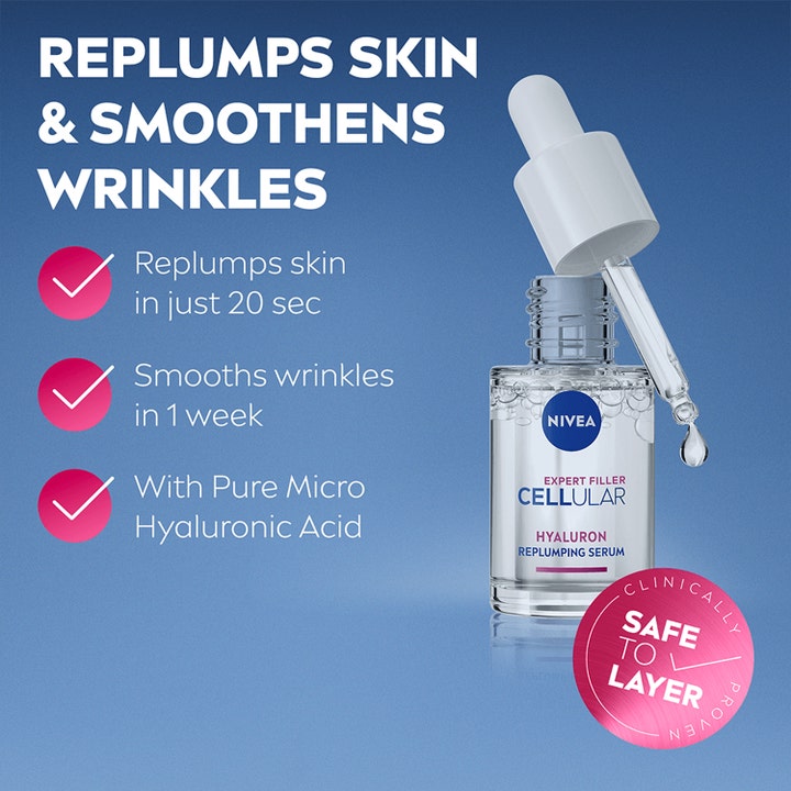 NIVEA Cellular Expert Filler Hyaluron 15 ml täyteläistävä seerumi lasipullossa pipetillä silottaa ryppyjä.