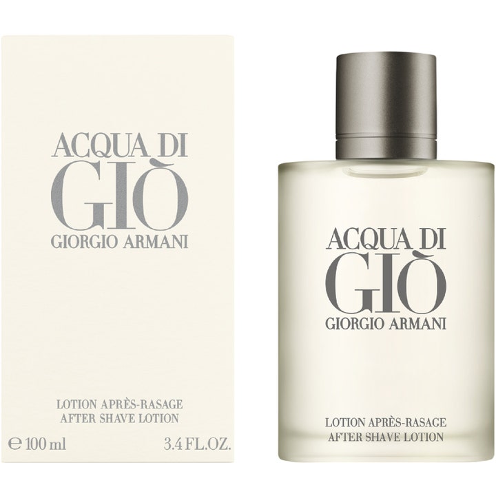 Armani Acqua Di Gio Homme 100 ml virkistävä after shave lotion huurteisessa lasipullossa ja valkoisessa pakkauksessa.