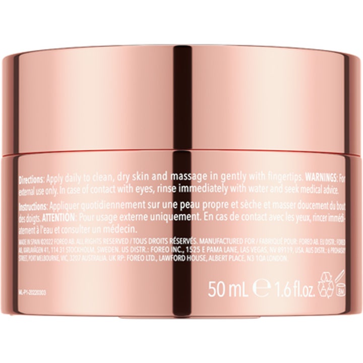 FOREO SUPERCHARGED HA + PGA Triple Action Intense Moisturizer 50 ml kosteuttava kasvovoide ruusukultaisessa purkissa takaa.