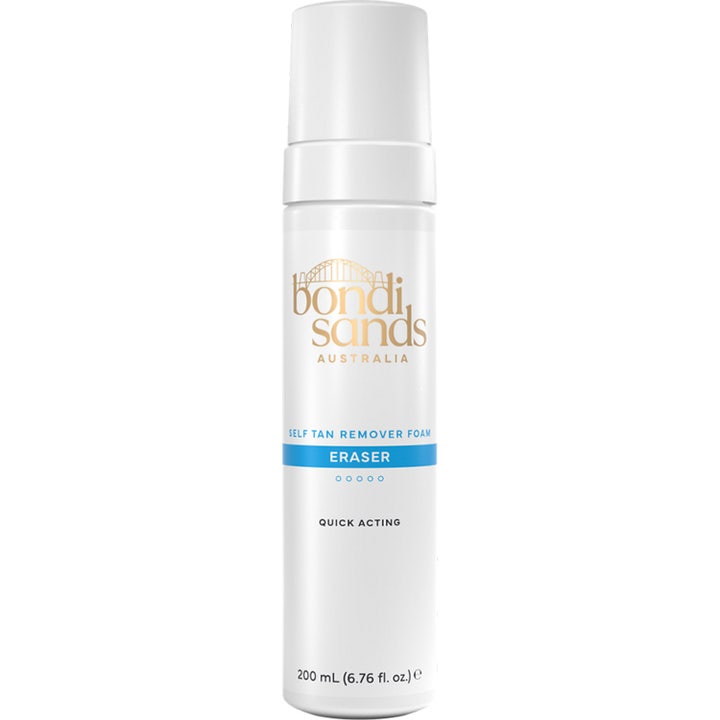Bondi Sands Self Tan Eraser 200 ml puhdistusvaahto poistaa itseruskettavan valkoisessa pumppupullossa.