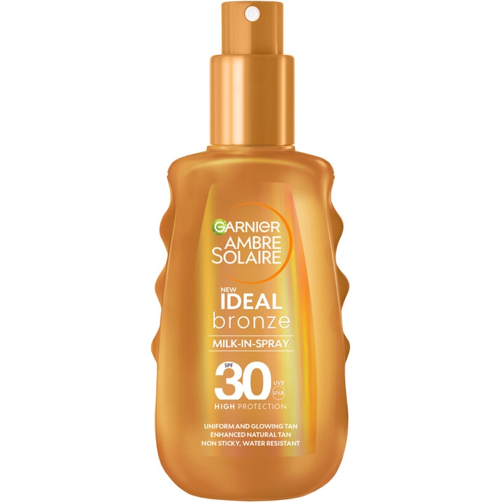 Garnier Ambre Solaire Ideal Bronze SPF 30 aurinkosuojasuihke antaa hehkua kuparinhohtoisessa muovipullossa.