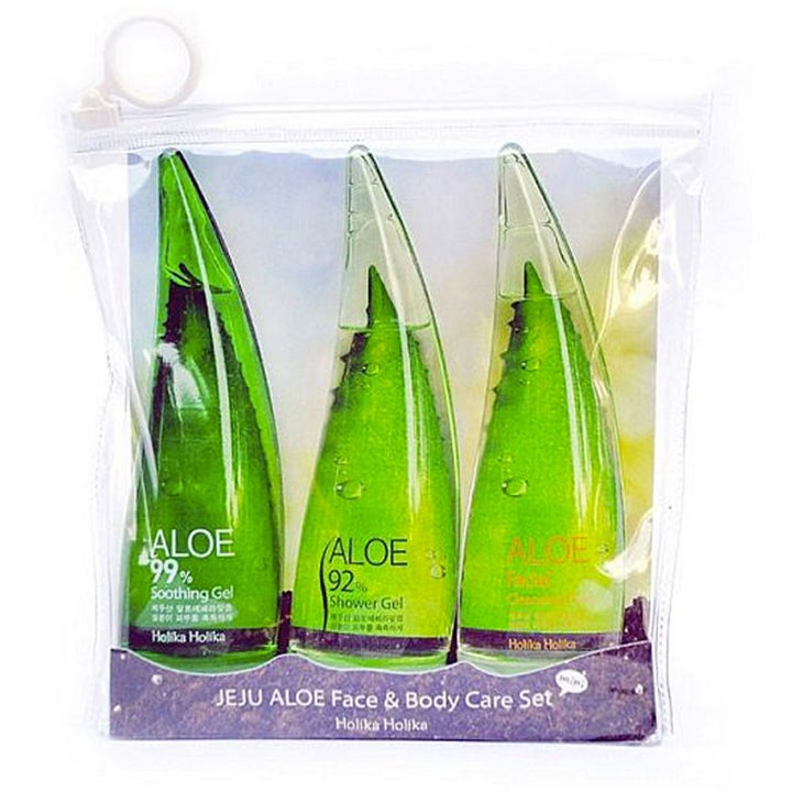 Holika Holika Jeju Aloe Face And Bodycare Set 165 ml kosteuttava ihonhoitosetti kolmella aloenlehden muotoisella pullolla