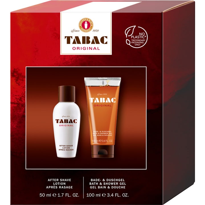 Tabac Original 50 ml ja 100 ml lahjasetti rauhoittaa ihoa sisältäen valkoisen pullon ja oranssin tuubin punaisessa rasiassa