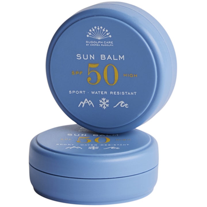 Rudolph Care Sun Balm SPF 50 vedenkestävä aurinkovoide sporttikäyttöön kahdessa sinisessä pyöreässä purkissa