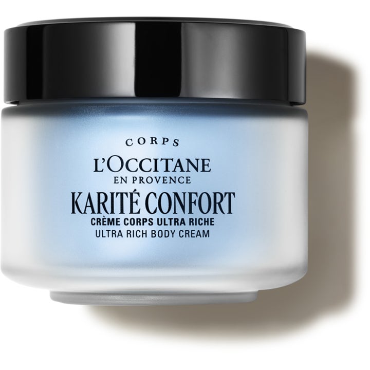 L'Occitane Shea Ultra Rich Body Cream ravitseva karitevoi-vartalovoide vaaleansinisessä purkissa mustalla kannella