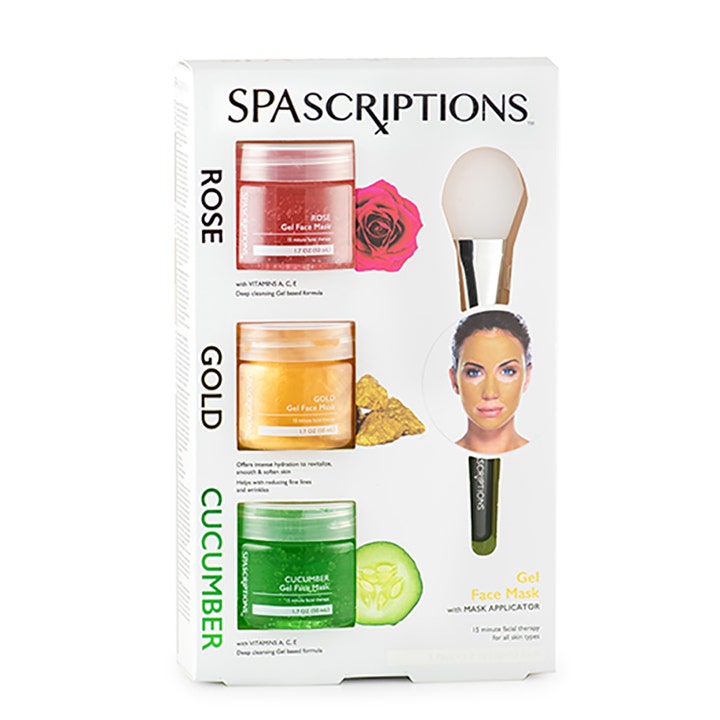 Spascriptions Gel Face Mask 3 x 50 ml kosteuttava kasvonaamiosetti sisältää ruusu-, kulta- ja kurkkugeelit sekä siveltimen.