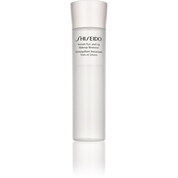 Shiseido Instant Eye and Lip Makeup Remover 125 ml puhdistava meikinpoistoaine kirkkaassa pullossa valkoisella korkilla