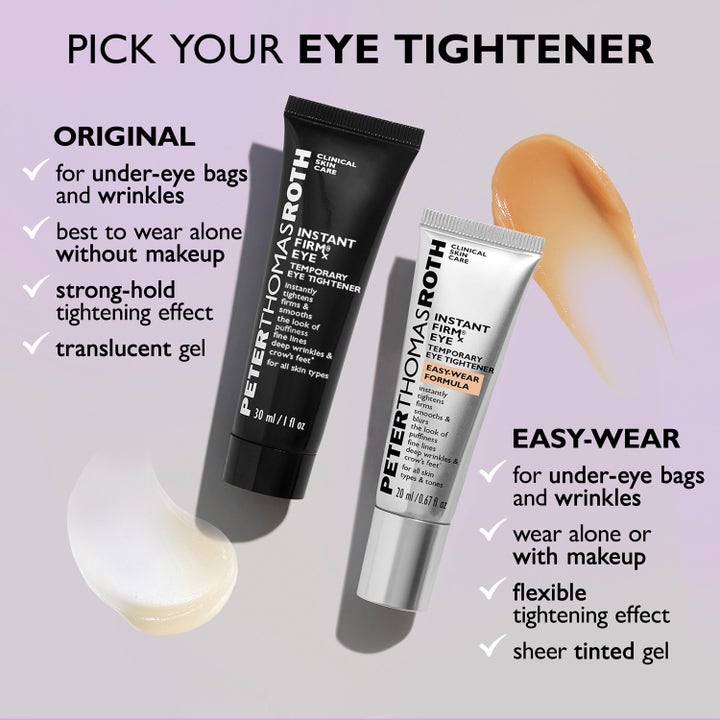 Peter Thomas Roth Instant FIRMx Eye 20 ml kiinteyttävä silmänympärysvoide hopeinen tuubi ja sävytetty geelinäyte.