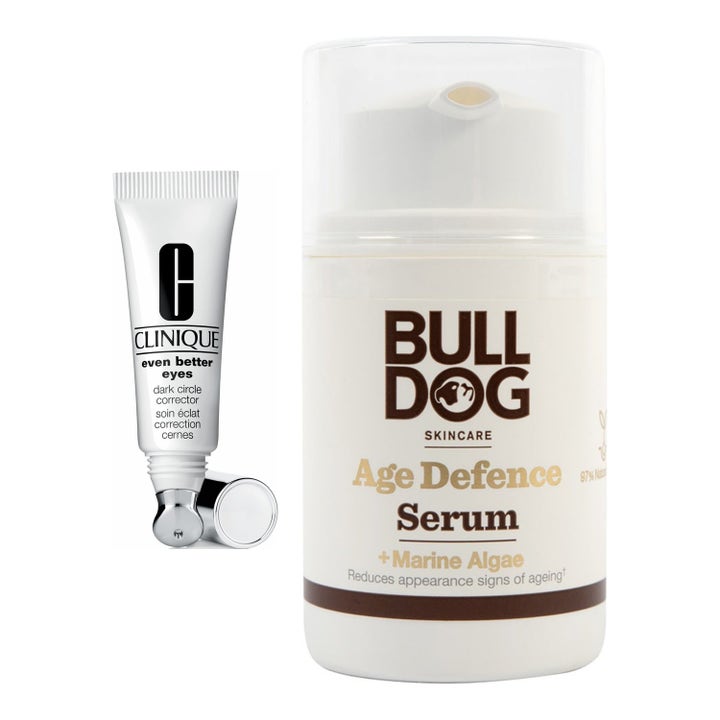 Clinique Even Better Eyes ja Bulldog Age Defence Serum kirkastava silmänympärysvoide tuubissa ja valkoinen pumppupullo.