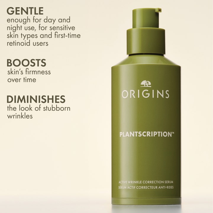 Origins Plantscription Active Wrinkle Correction Serum 48 ml silottaa ryppyjä vihreässä pumppupullossa.