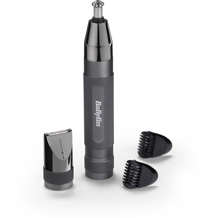 BaByliss nenäkarvatrimmeri ja korvatrimmeri siistiin lopputulokseen, harmaa metallirunko ja vaihtopäät.