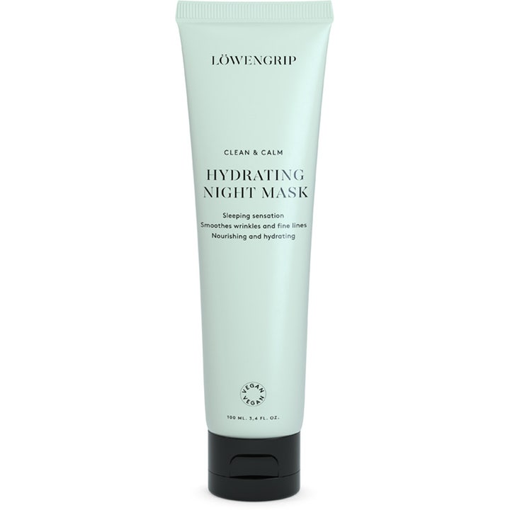Löwengrip Clean & Calm Hydrating Night Mask 100 ml silottava yönaamio vaaleanvihreässä tuubissa mustalla korkilla