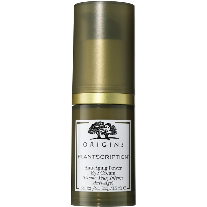 Origins Plantscription Anti-Aging Power Eye Cream 15 ml juonteita silottava silmänympärysvoide tummanvihreässä pumppupullossa.