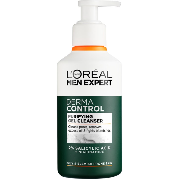 L'Oréal Men Expert Derma Control Purifying Gel Cleanser salisyylihappoa sisältävä puhdistusgeeli valkovihreässä pullossa.