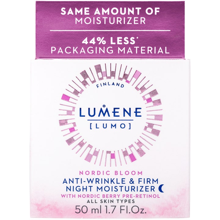 Lumene Nordic Bloom 50 ml silottava yövoide valkoisessa pahvipakkauksessa, jossa on lila ja vaaleanpunainen kuvio.