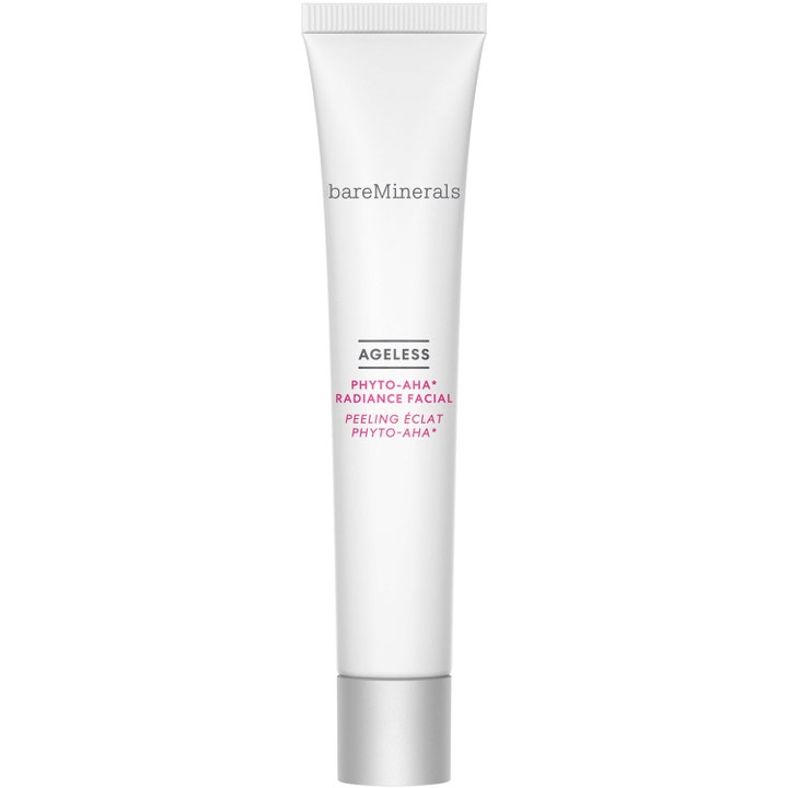 bareMinerals Ageless Phyto-AHA Radiance Facial heleyttävä kasvokuorinta valkoisessa tuubissa hopeisella korkilla.