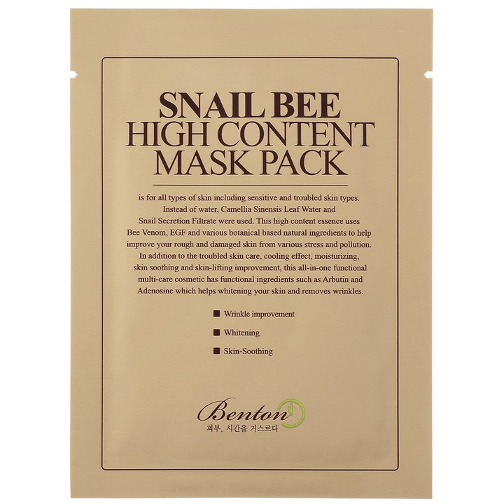 Benton Snail Bee High Content Mask Pack 1 kpl rauhoittava kangasnaamiopakkaus ruskeassa pussissa etanaseerumia